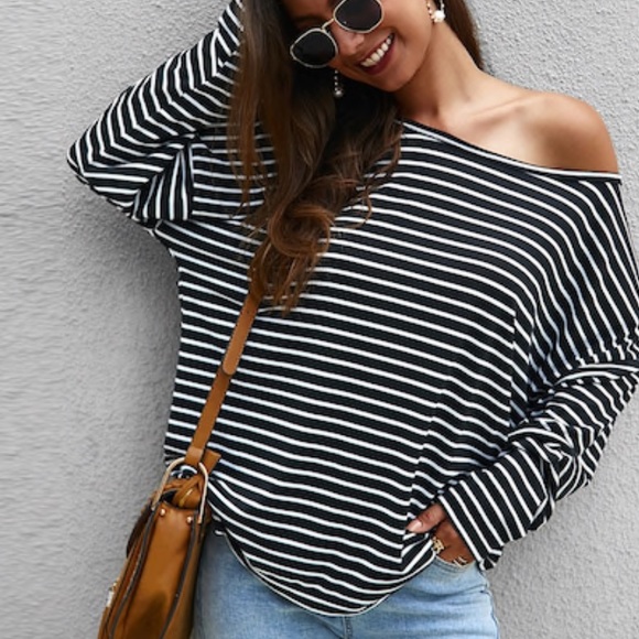 NEW‼️Striped Print Asymmetrical Neck- Top - Picture 2 of 5